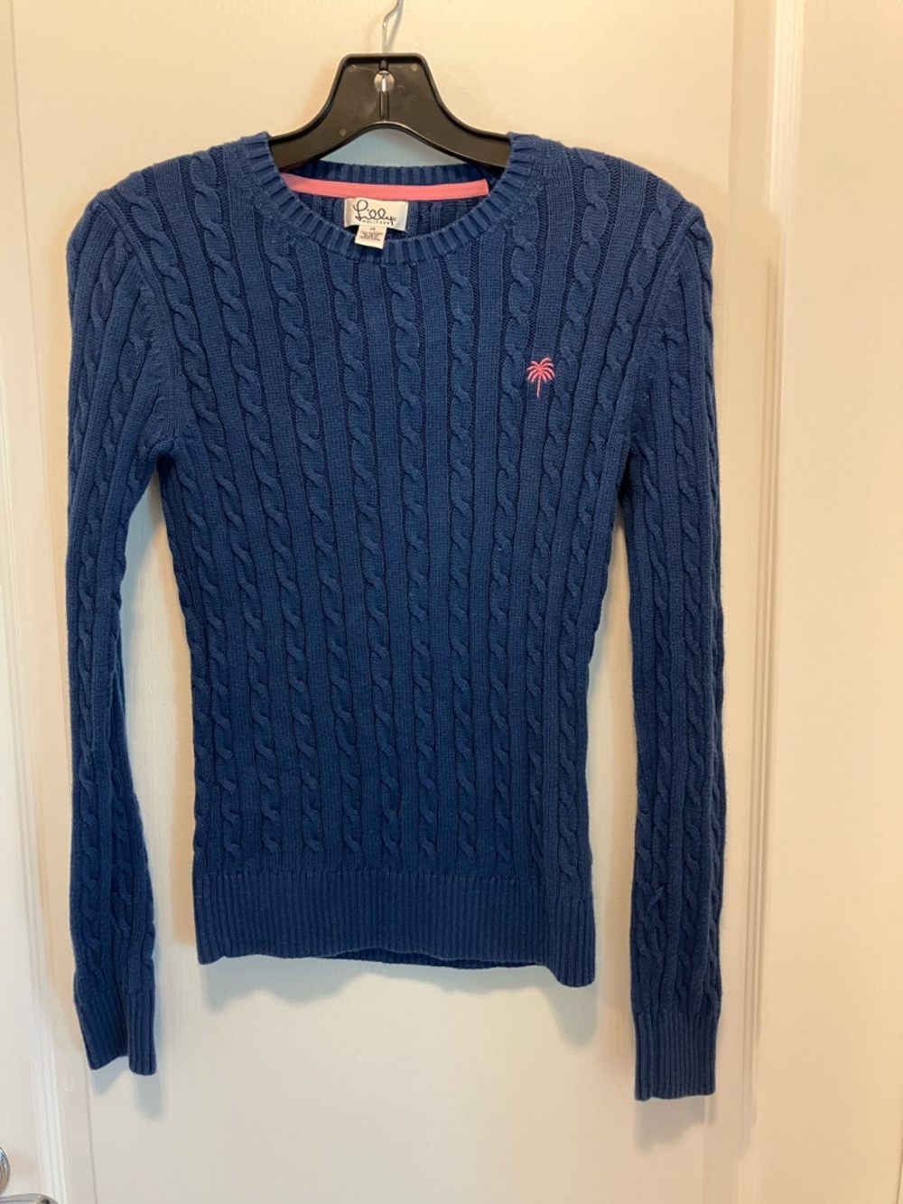 Lilly Pulitzer Navy Cable Knit Sweater with Pink Palm Logo